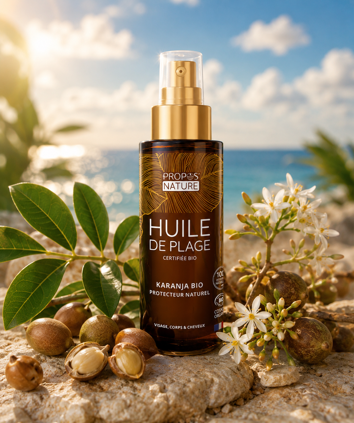 Huile de Plage Bio au Karanja - Huile Sèche Nourrissante & Sublimatrice de Bronzage - 75ml