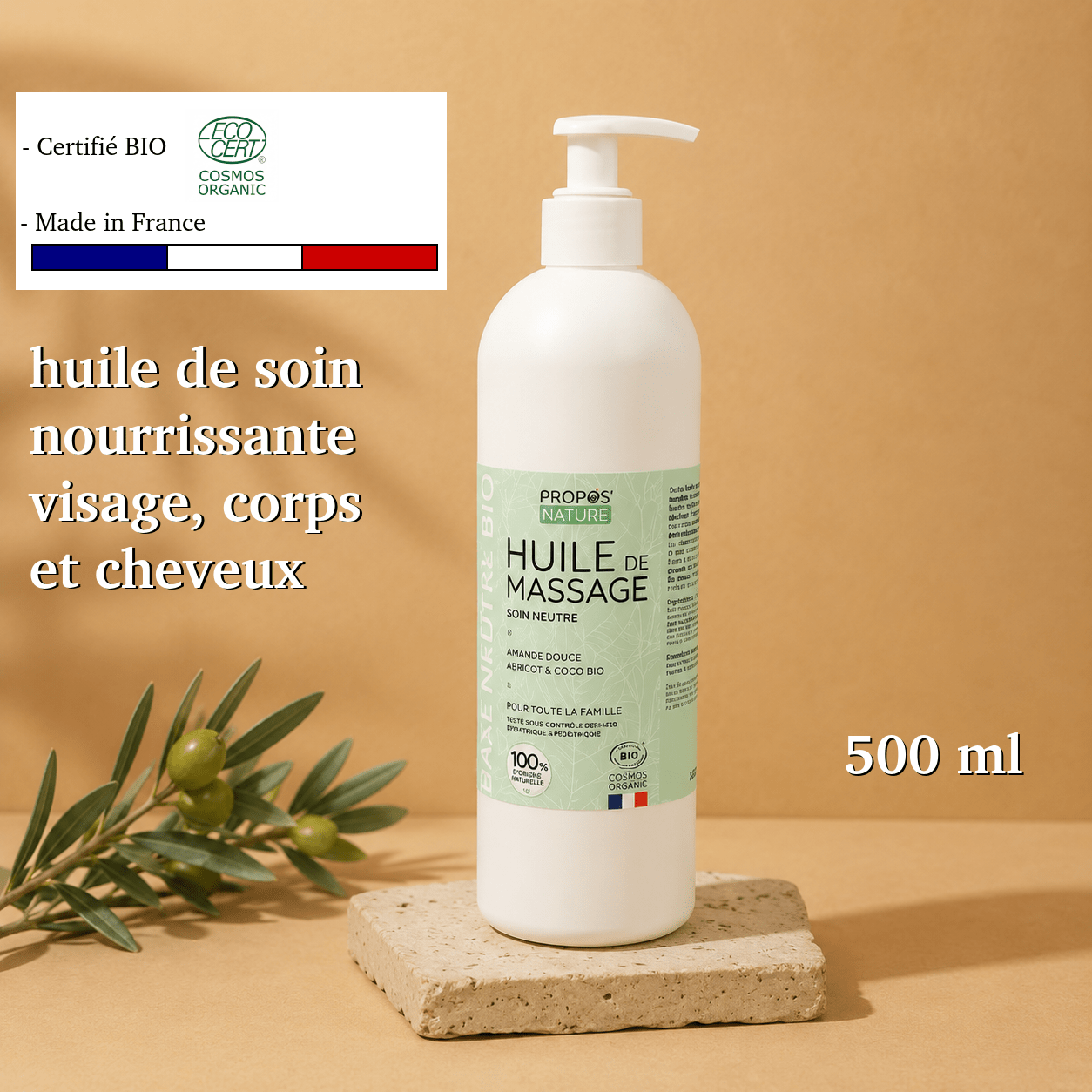 Huile de soin & massage BIO 500 ml - Fabriqué en France - Soin Corps BIO fabriqué en France - D.Crouzet