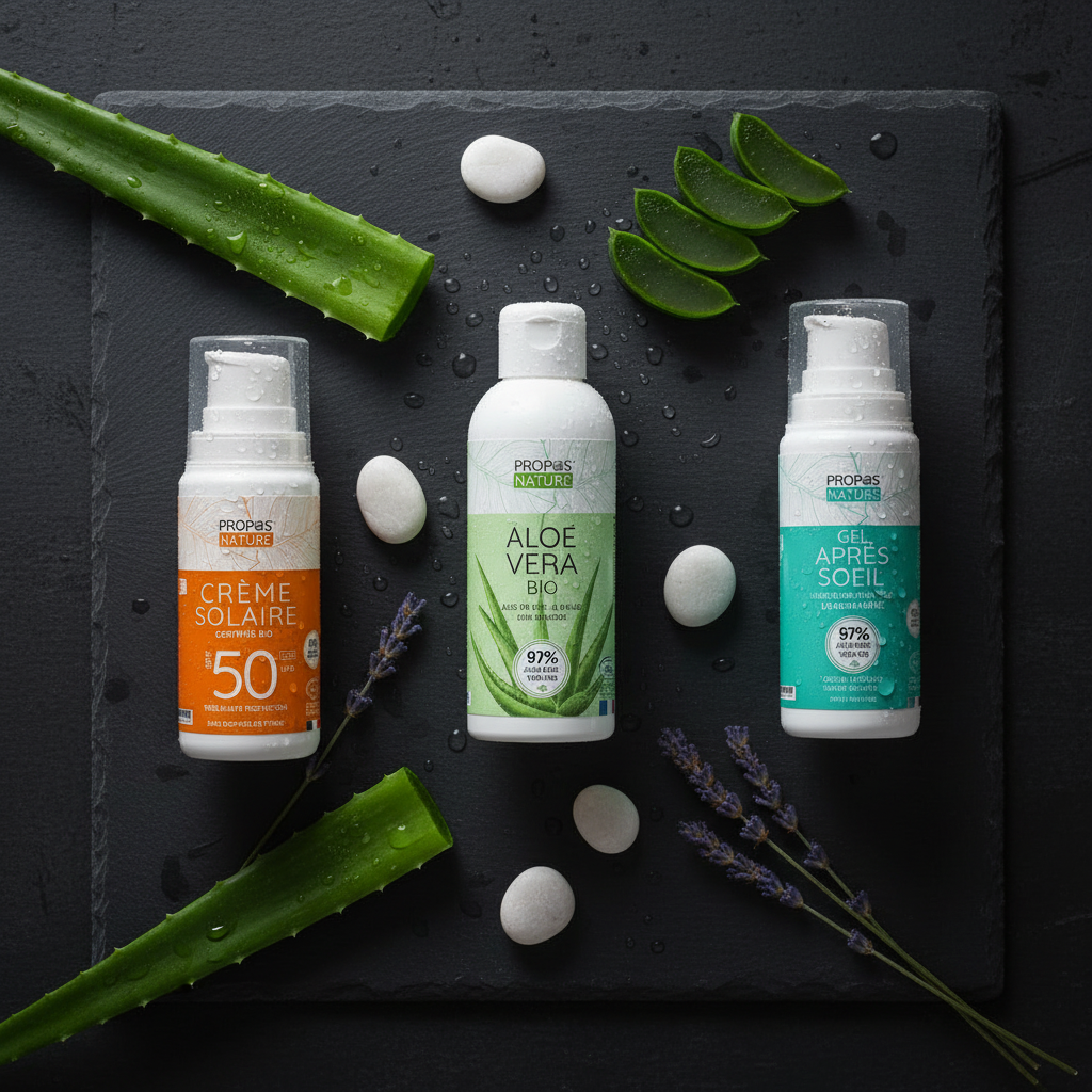 Kit Solaire Peaux Sensibles BIO — Crème SPF50 + Après-Soleil + Gel Aloe Vera · Fabriqué en France